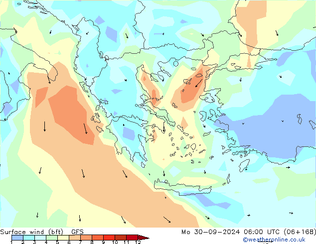 ве�Bе�@ 10 m (bft) GFS пн 30.09.2024 06 UTC