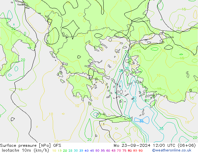 Isotachs (kph) GFS Seg 23.09.2024 12 UTC