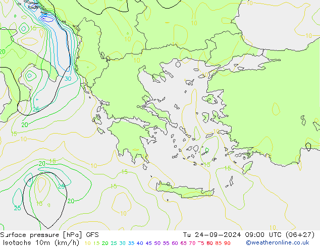 Izotacha (km/godz) GFS wto. 24.09.2024 09 UTC