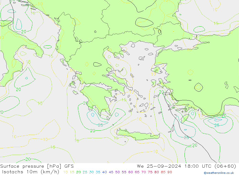 Isotachs (kph) GFS Qua 25.09.2024 18 UTC