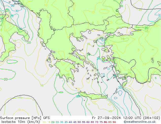 Isotachs (kph) GFS Sex 27.09.2024 12 UTC