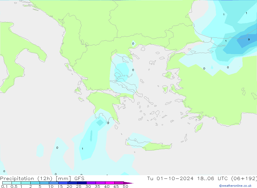 осадки (12h) GFS вт 01.10.2024 06 UTC