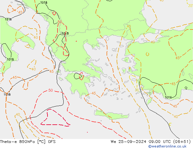 Theta-e 850hPa GFS We 25.09.2024 09 UTC