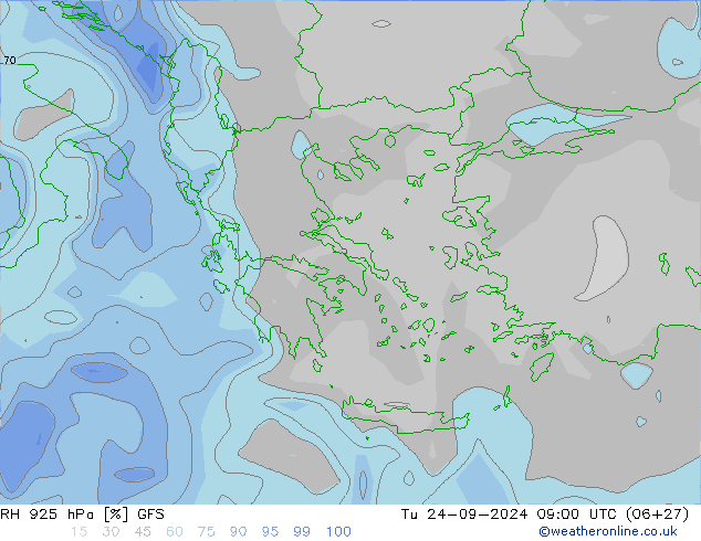 RH 925 hPa GFS Tu 24.09.2024 09 UTC