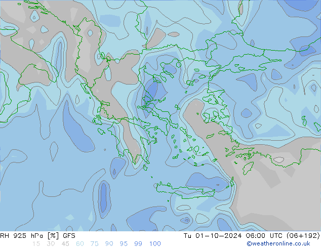 RH 925 hPa GFS Tu 01.10.2024 06 UTC