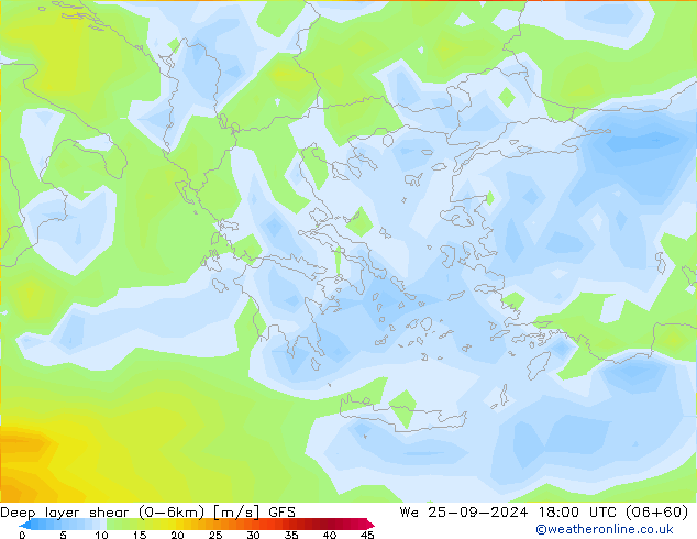 Deep layer shear (0-6km) GFS mer 25.09.2024 18 UTC