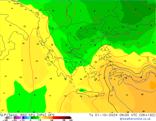 SLP/Temp. 850 hPa GFS Tu 01.10.2024 06 UTC