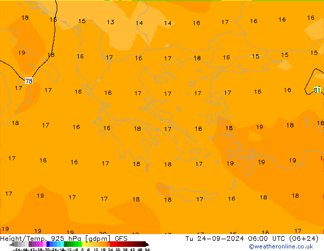 Yükseklik/Sıc. 925 hPa GFS Sa 24.09.2024 06 UTC