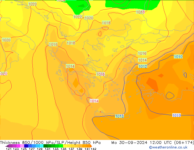 Thck 850-1000 гПа GFS пн 30.09.2024 12 UTC