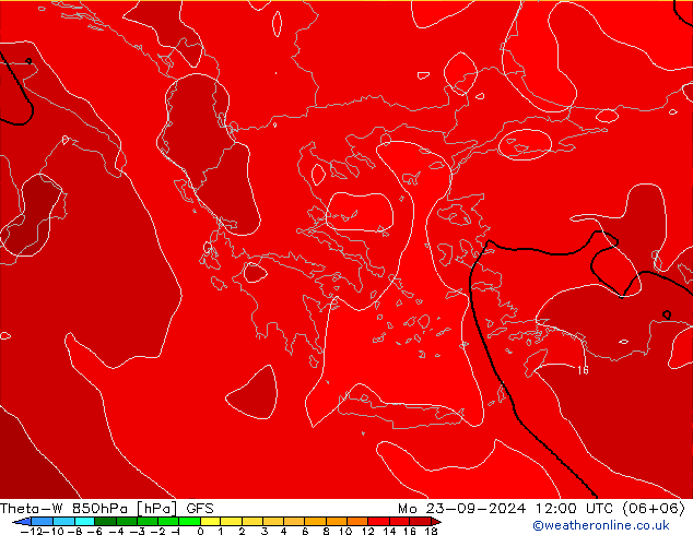 Theta-W 850hPa GFS pon. 23.09.2024 12 UTC