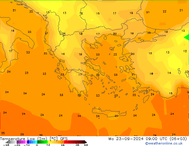 Tiefstwerte (2m) GFS Mo 23.09.2024 09 UTC