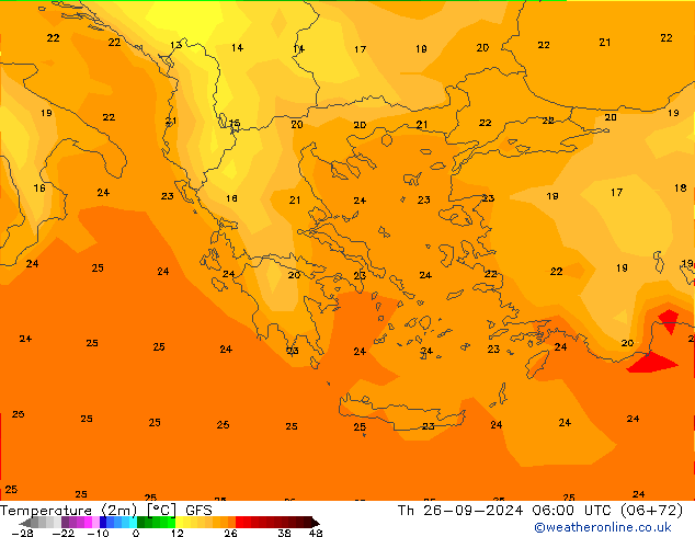 Temperatuurkaart (2m) GFS do 26.09.2024 06 UTC