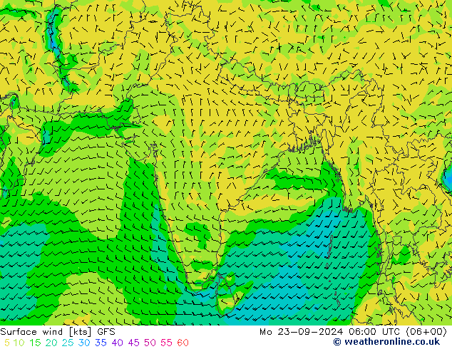 Vent 10 m GFS lun 23.09.2024 06 UTC