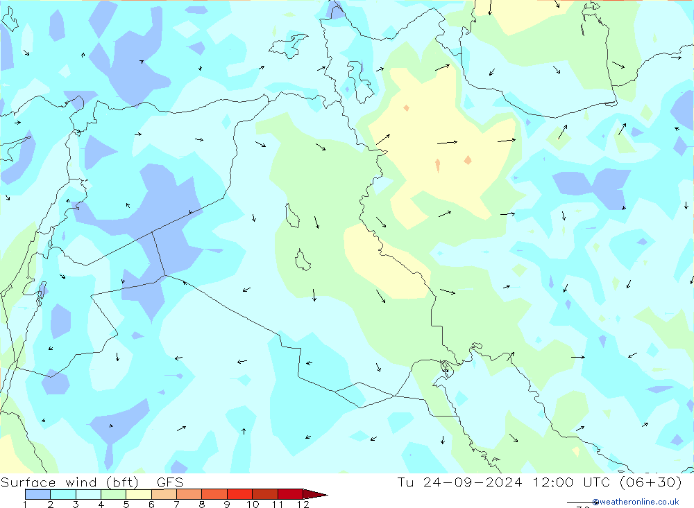 Rüzgar 10 m (bft) GFS Sa 24.09.2024 12 UTC