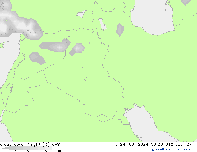 Cloud cover (high) GFS Tu 24.09.2024 09 UTC