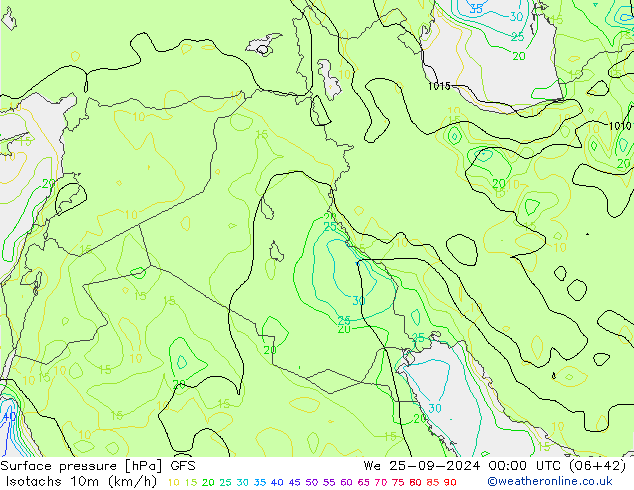 Isotachs (kph) GFS We 25.09.2024 00 UTC