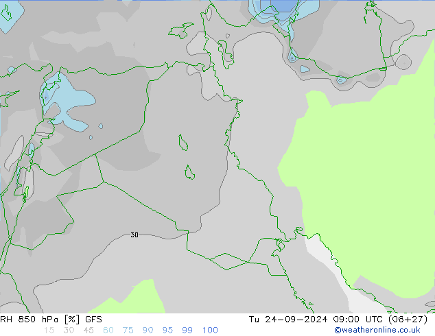 RH 850 hPa GFS Út 24.09.2024 09 UTC