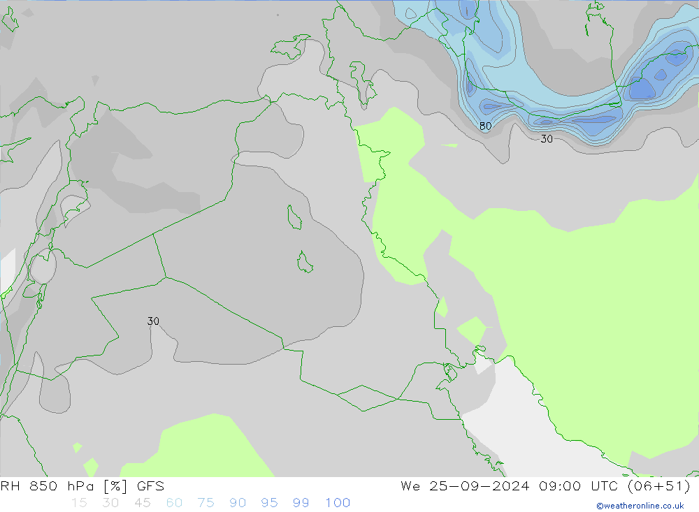 RH 850 hPa GFS We 25.09.2024 09 UTC