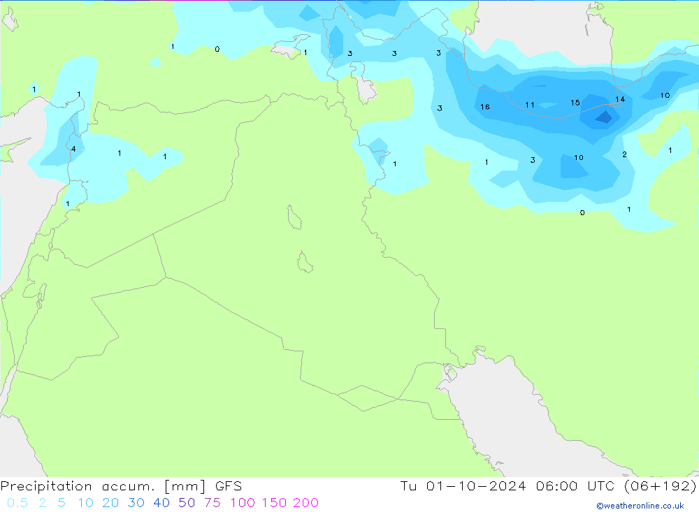 Precipitation accum. GFS Tu 01.10.2024 06 UTC