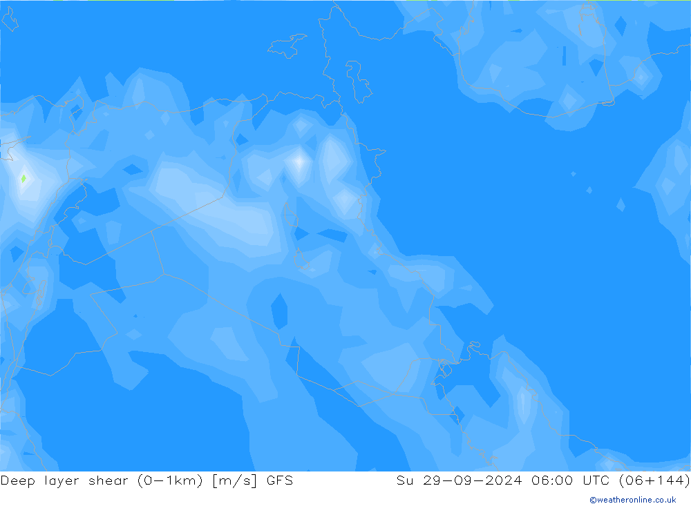 Deep layer shear (0-1km) GFS Su 29.09.2024 06 UTC