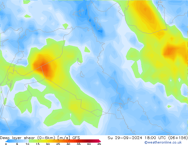 Deep layer shear (0-6km) GFS  29.09.2024 18 UTC