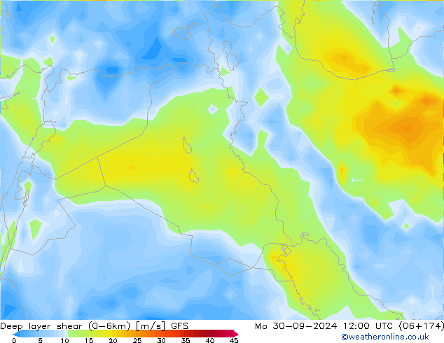 Deep layer shear (0-6km) GFS Mo 30.09.2024 12 UTC