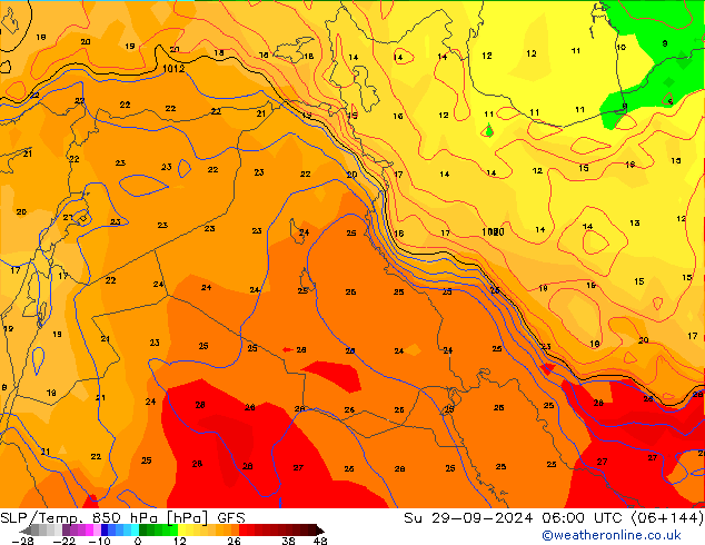 SLP/Temp. 850 hPa GFS dom 29.09.2024 06 UTC