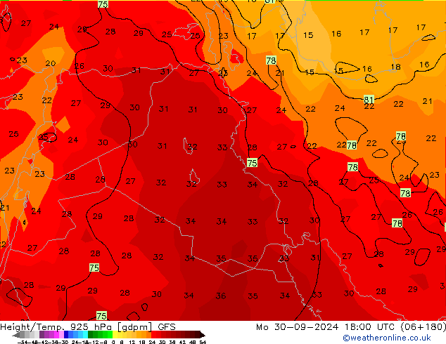 Height/Temp. 925 hPa GFS Mo 30.09.2024 18 UTC