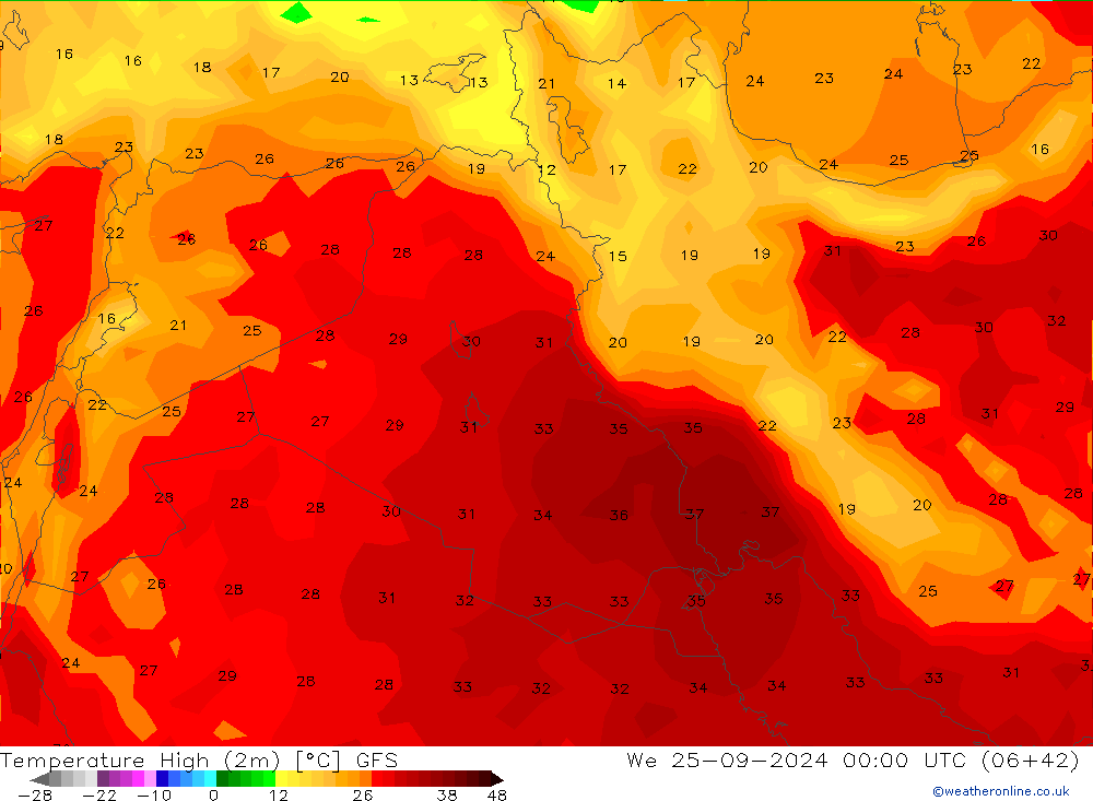 Темпер. макс 2т GFS ср 25.09.2024 00 UTC