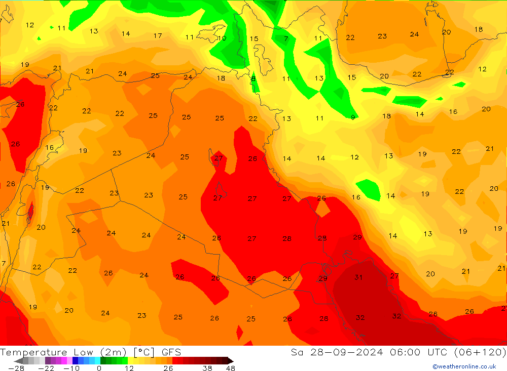 Темпер. мин. (2т) GFS сб 28.09.2024 06 UTC