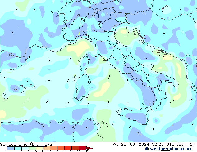 Rüzgar 10 m (bft) GFS Çar 25.09.2024 00 UTC