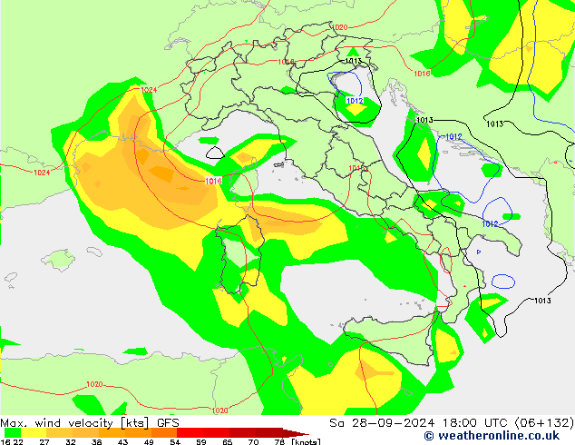 Max. wind velocity GFS sam 28.09.2024 18 UTC