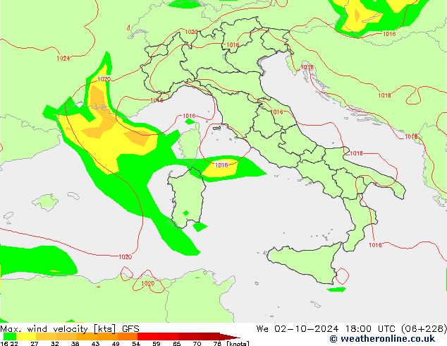 Max. wind velocity GFS mié 02.10.2024 18 UTC