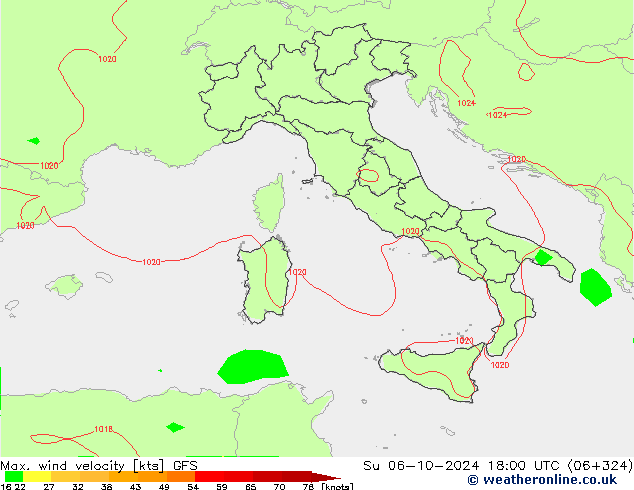 Max. wind velocity GFS dim 06.10.2024 18 UTC