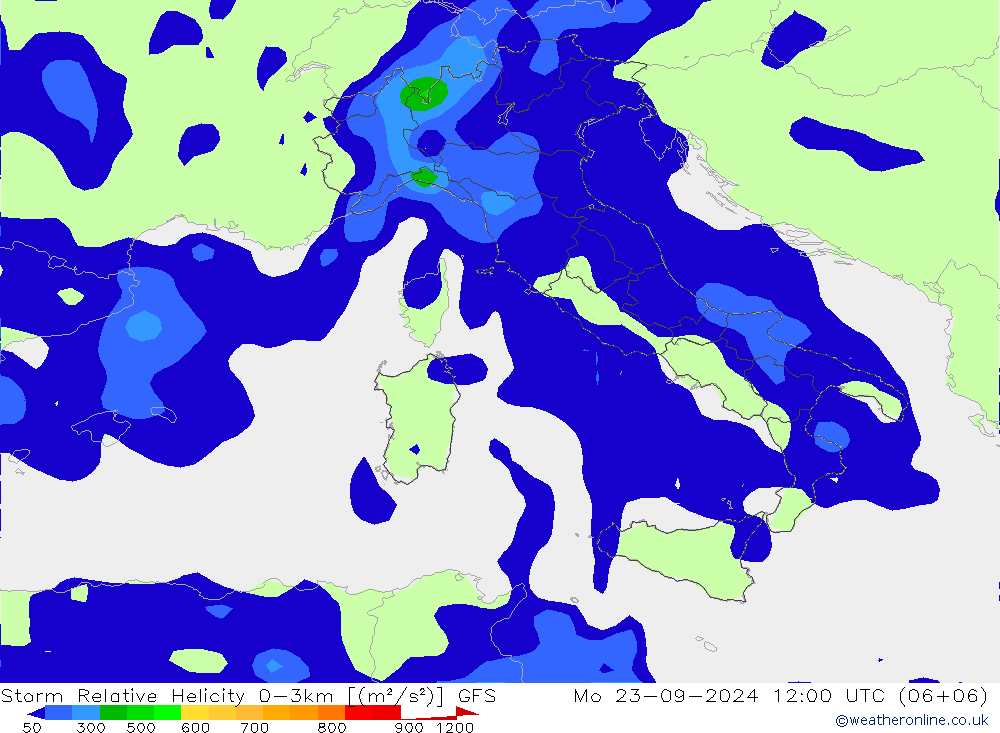 Storm Relative Helicity GFS pon. 23.09.2024 12 UTC