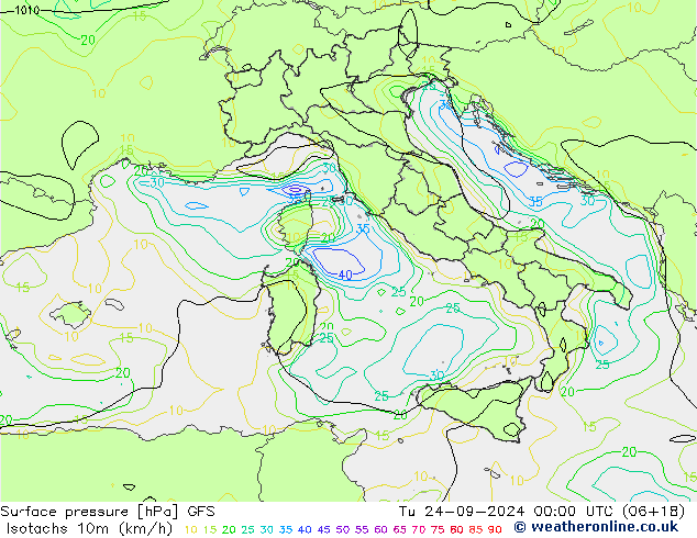 Isotachs (kph) GFS Ter 24.09.2024 00 UTC