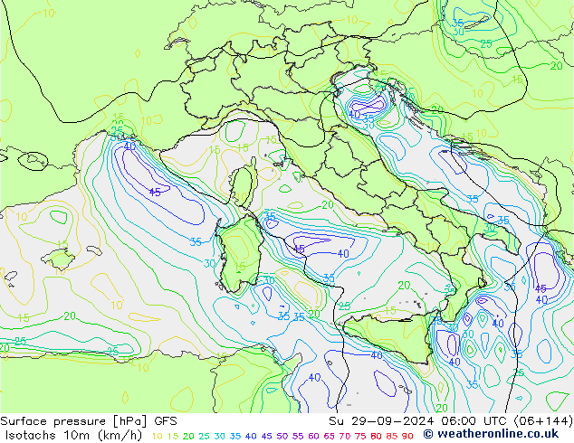 Izotacha (km/godz) GFS nie. 29.09.2024 06 UTC