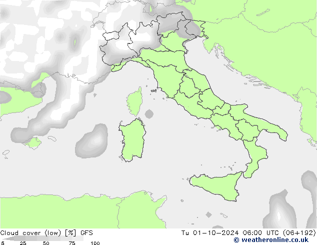 Cloud cover (low) GFS Tu 01.10.2024 06 UTC