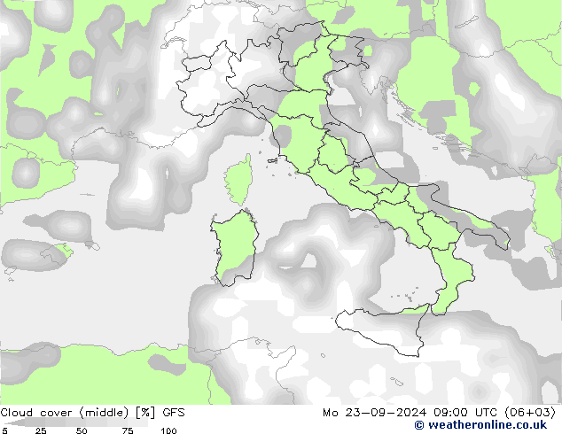 Cloud cover (middle) GFS Mo 23.09.2024 09 UTC