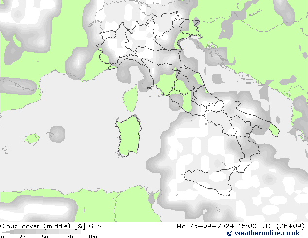 Cloud cover (middle) GFS Mo 23.09.2024 15 UTC