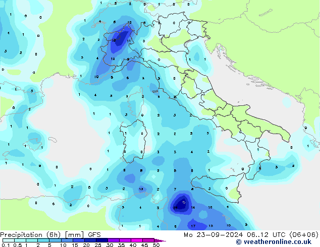 Precipitazione (6h) GFS lun 23.09.2024 12 UTC