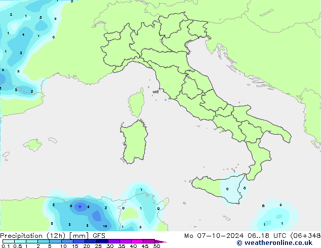 Precipitation (12h) GFS Mo 07.10.2024 18 UTC