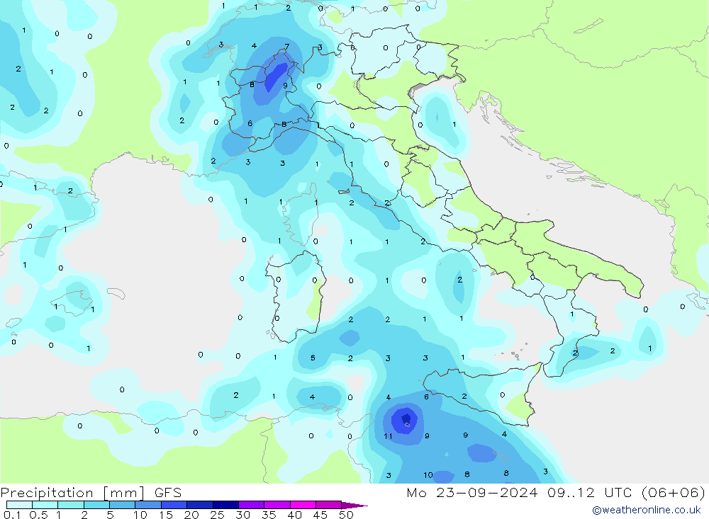 Srážky GFS Po 23.09.2024 12 UTC