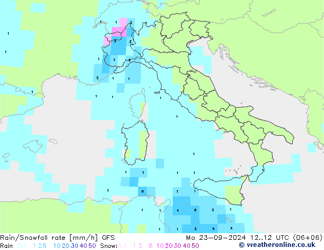 Rain/Snowfall rate GFS пн 23.09.2024 12 UTC