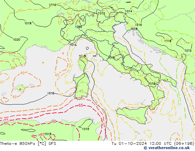 Theta-e 850hPa GFS di 01.10.2024 12 UTC