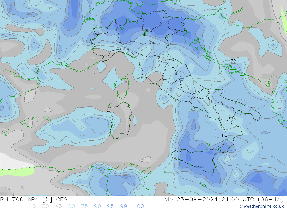 RH 700 hPa GFS pon. 23.09.2024 21 UTC