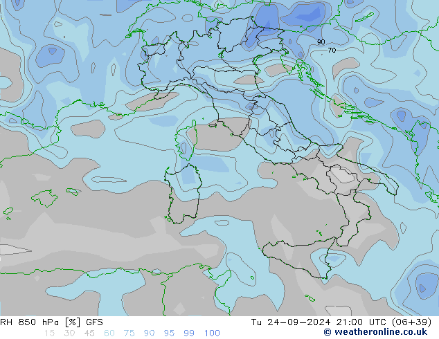 RH 850 hPa GFS Tu 24.09.2024 21 UTC