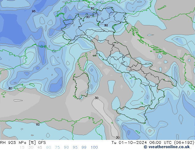 RH 925 hPa GFS Tu 01.10.2024 06 UTC