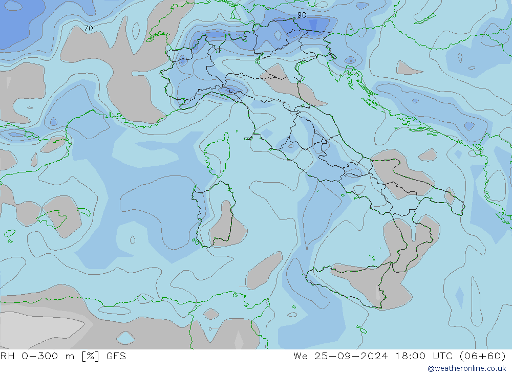 RH 0-300 m GFS ср 25.09.2024 18 UTC