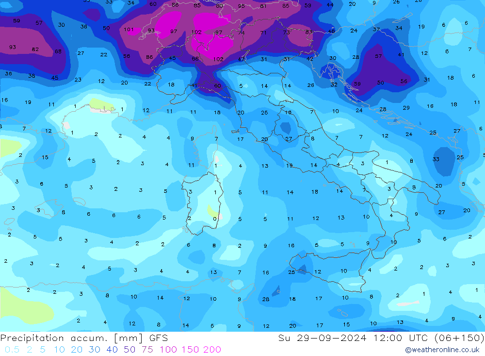 Précipitation accum. GFS dim 29.09.2024 12 UTC